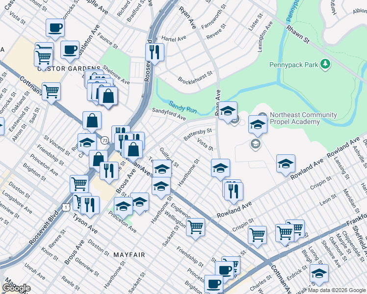 map of restaurants, bars, coffee shops, grocery stores, and more near 3017 Windish Street in Philadelphia