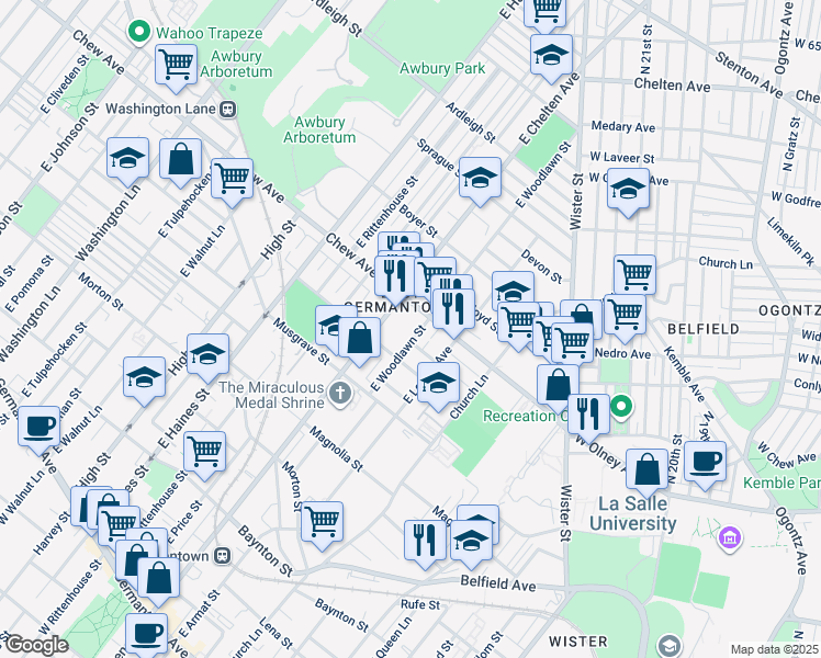 map of restaurants, bars, coffee shops, grocery stores, and more near 743 East Woodlawn Street in Philadelphia