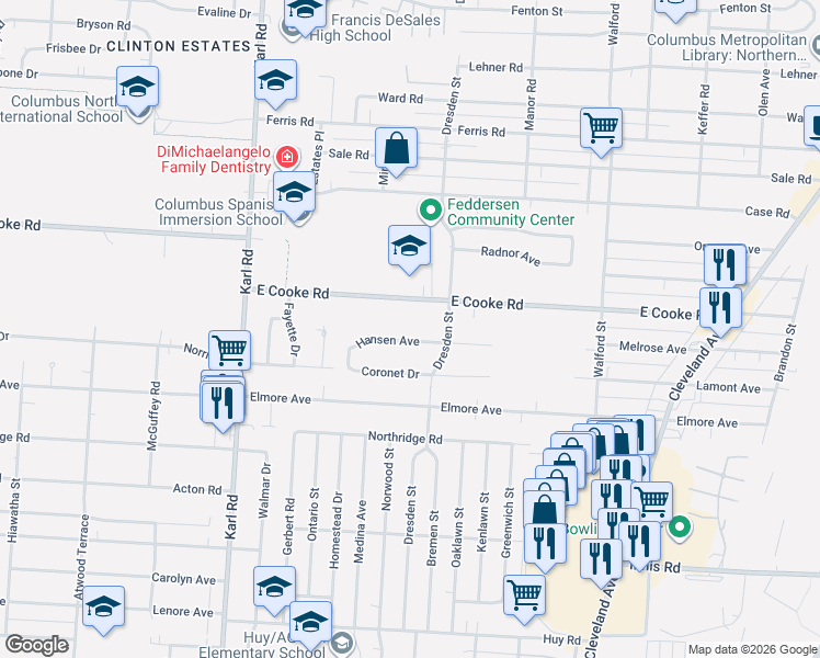 map of restaurants, bars, coffee shops, grocery stores, and more near 1661 Hansen Avenue in Columbus