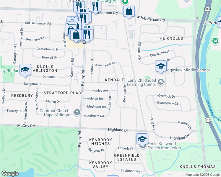 map of restaurants, bars, coffee shops, grocery stores, and more near 977 Kenley Avenue in Columbus