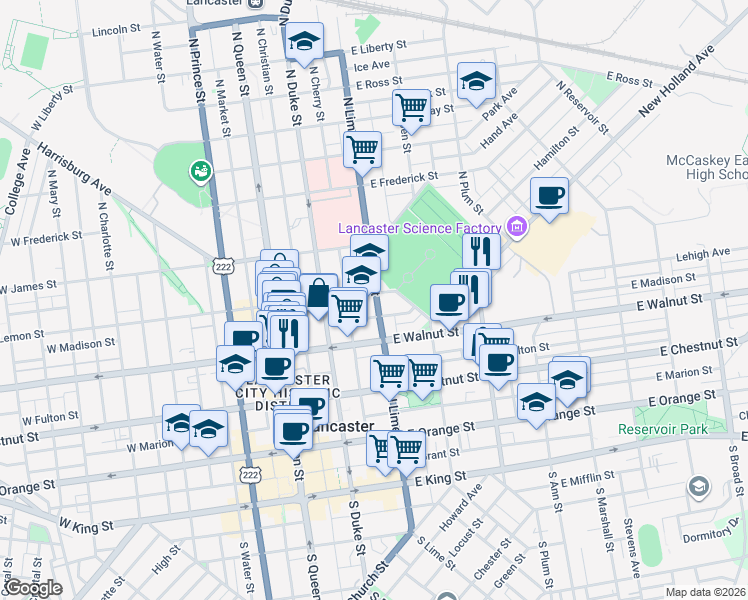 map of restaurants, bars, coffee shops, grocery stores, and more near 213 East Madison Street in Lancaster