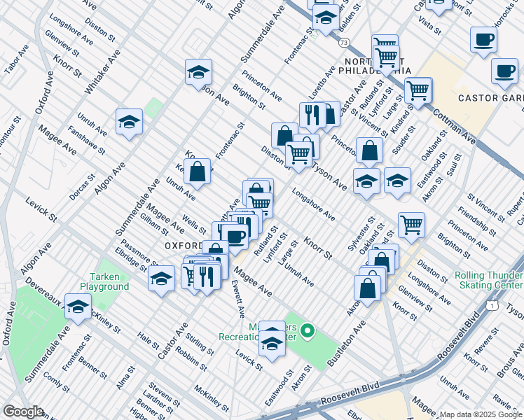 map of restaurants, bars, coffee shops, grocery stores, and more near 6740 Castor Avenue in Philadelphia