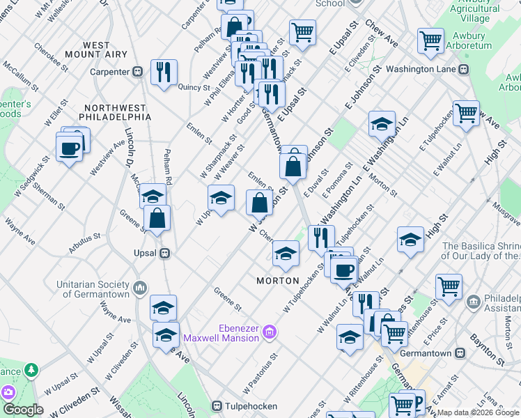 map of restaurants, bars, coffee shops, grocery stores, and more near 77 West Johnson Street in Philadelphia