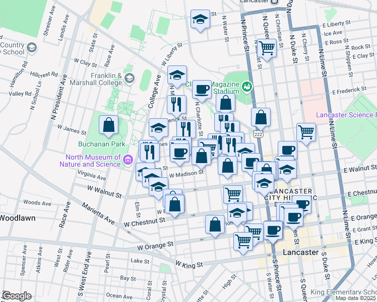 map of restaurants, bars, coffee shops, grocery stores, and more near 434 Lancaster Avenue in Lancaster