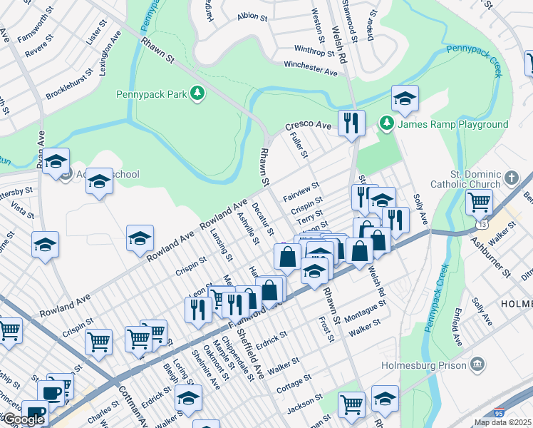 map of restaurants, bars, coffee shops, grocery stores, and more near 3339 Decatur Street in Philadelphia