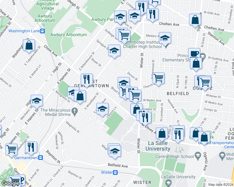 map of restaurants, bars, coffee shops, grocery stores, and more near 5534 Bloyd Street in Philadelphia