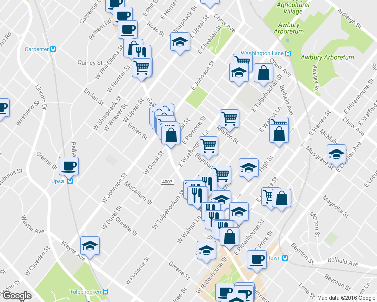 map of restaurants, bars, coffee shops, grocery stores, and more near 6302 Baynton Street in Philadelphia