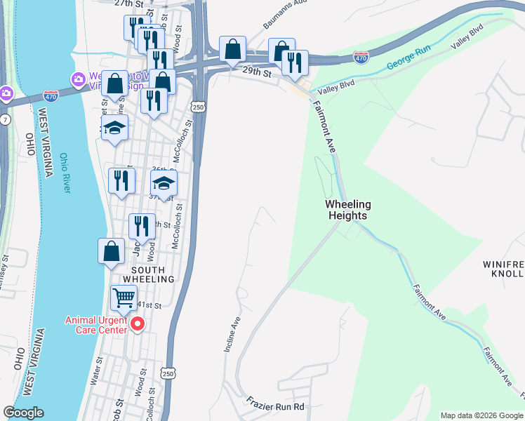map of restaurants, bars, coffee shops, grocery stores, and more near 9 Incline Avenue in Wheeling