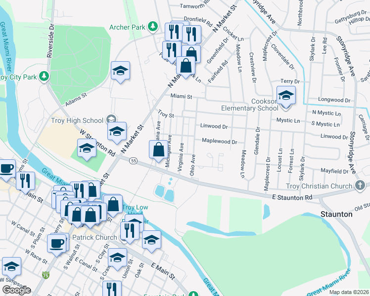 map of restaurants, bars, coffee shops, grocery stores, and more near 422 Ohio Avenue in Troy