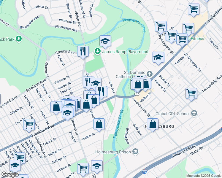 map of restaurants, bars, coffee shops, grocery stores, and more near 3606 Solly Avenue in Philadelphia