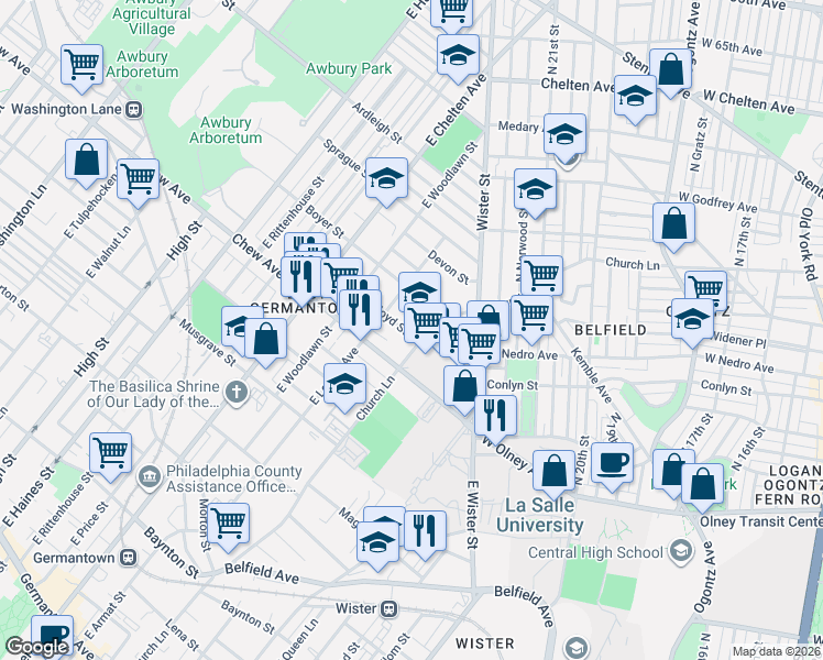 map of restaurants, bars, coffee shops, grocery stores, and more near 5517 Bloyd Street in Philadelphia