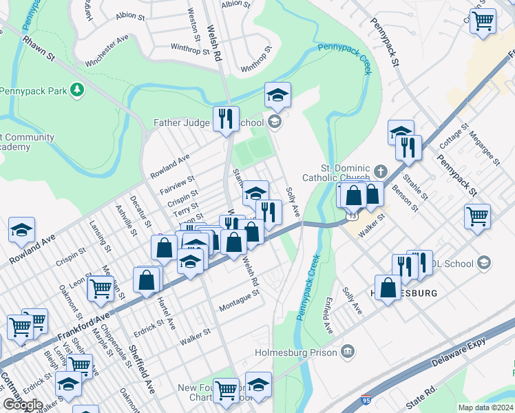 map of restaurants, bars, coffee shops, grocery stores, and more near 3523 Stanwood Street in Philadelphia