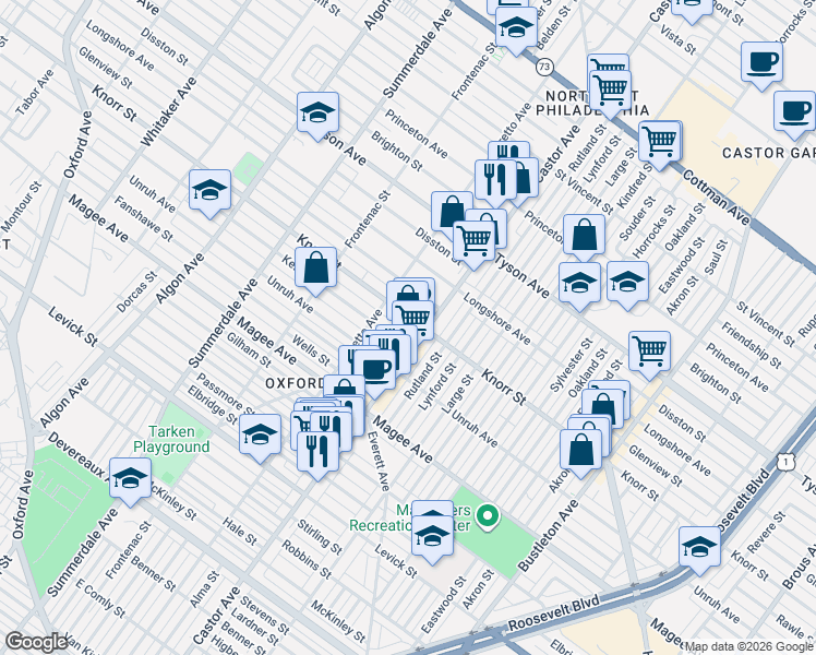 map of restaurants, bars, coffee shops, grocery stores, and more near 6722 Castor Avenue in Philadelphia