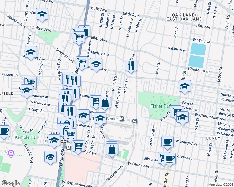 map of restaurants, bars, coffee shops, grocery stores, and more near 6026 North Warnock Street in Philadelphia