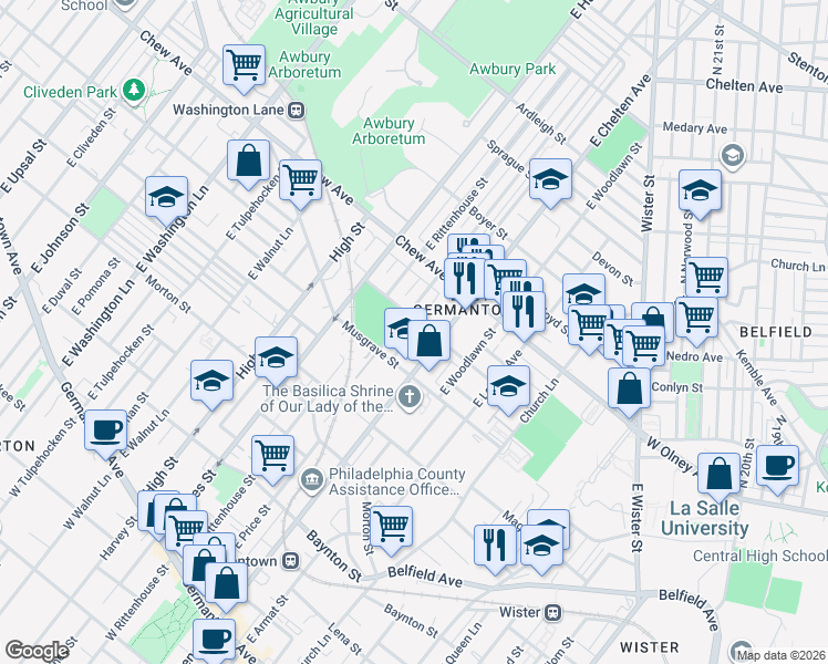 map of restaurants, bars, coffee shops, grocery stores, and more near 627 East Chelten Avenue in Philadelphia