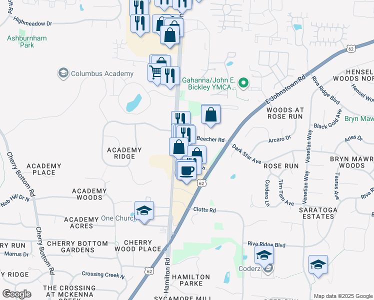 map of restaurants, bars, coffee shops, grocery stores, and more near 1018 North Hamilton Road in Gahanna