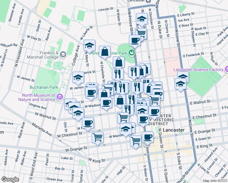 map of restaurants, bars, coffee shops, grocery stores, and more near 425 North Concord Street in Lancaster