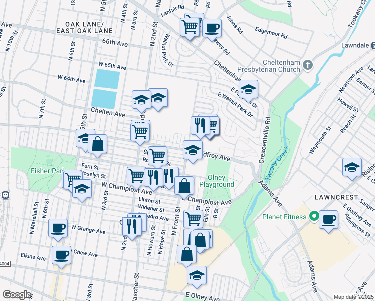 map of restaurants, bars, coffee shops, grocery stores, and more near N Front St & W Godfrey Ave in Philadelphia