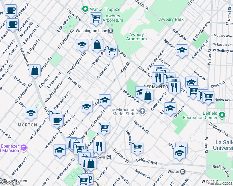 map of restaurants, bars, coffee shops, grocery stores, and more near 501 East Haines Street in Philadelphia
