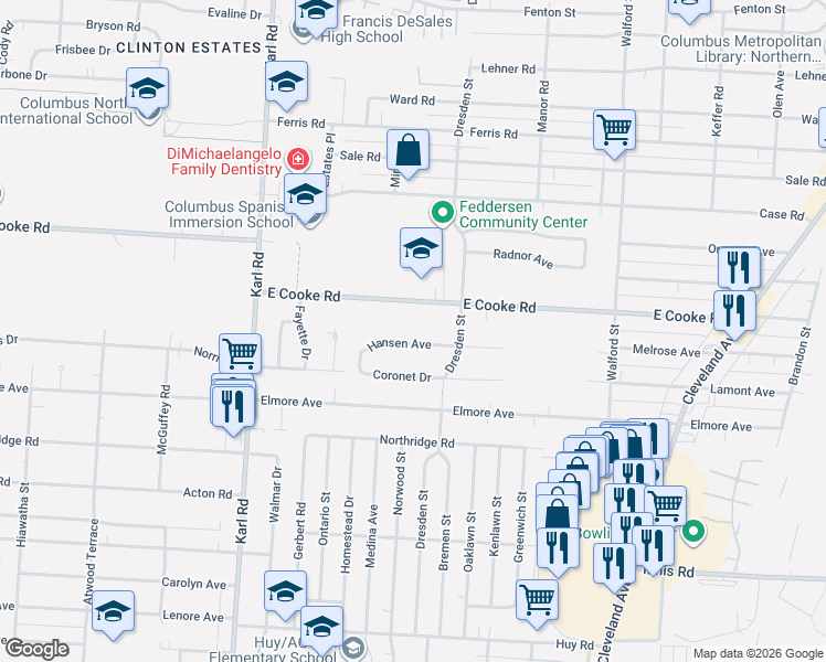 map of restaurants, bars, coffee shops, grocery stores, and more near 1661 Hansen Avenue in Columbus