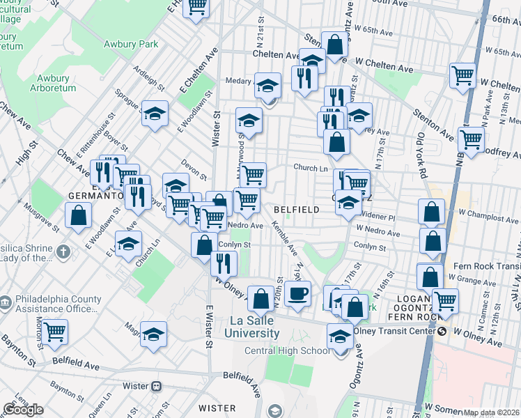 map of restaurants, bars, coffee shops, grocery stores, and more near 5944 Kemble Avenue in Philadelphia