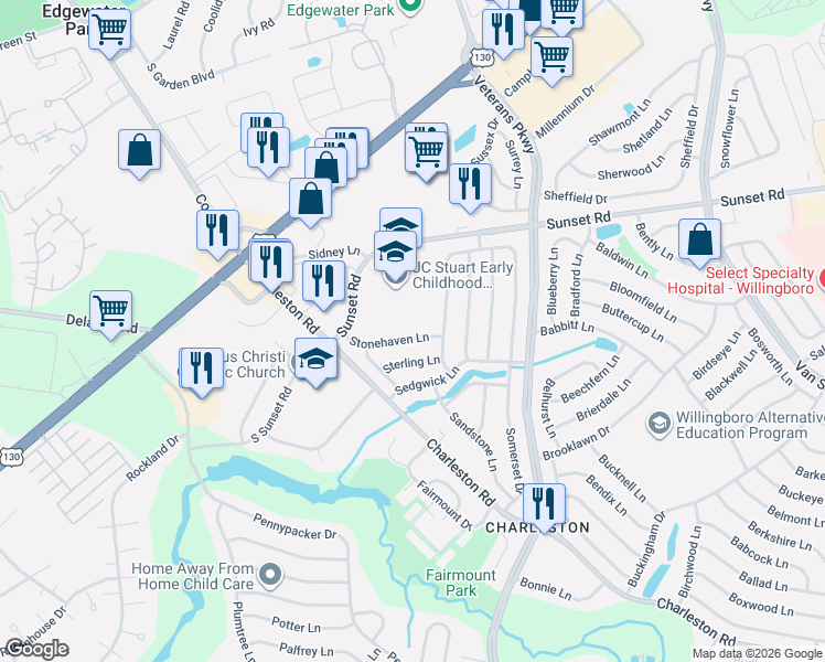 map of restaurants, bars, coffee shops, grocery stores, and more near 46 Stonehaven Lane in Willingboro