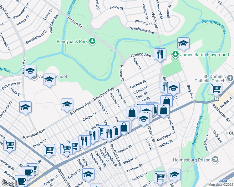 map of restaurants, bars, coffee shops, grocery stores, and more near 3324 Decatur Street in Philadelphia