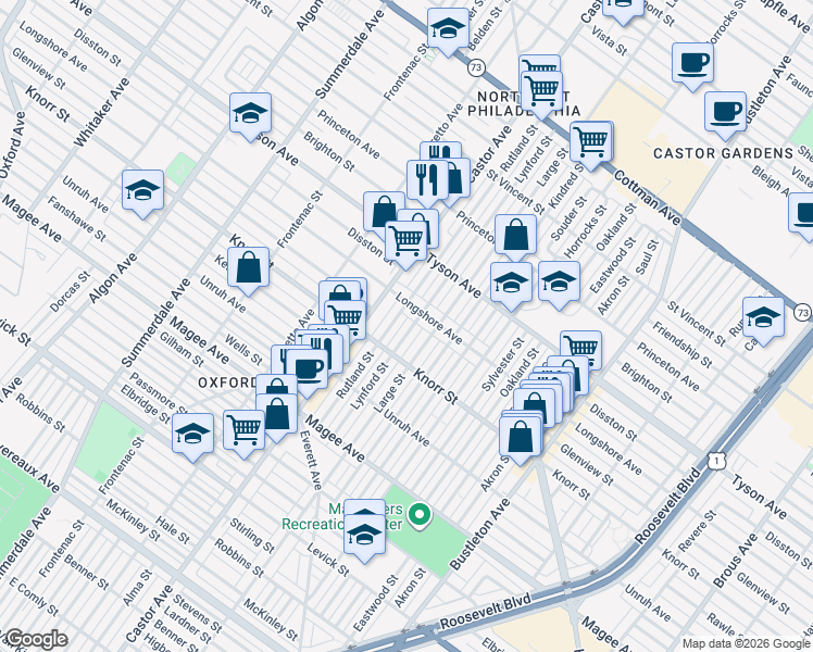 map of restaurants, bars, coffee shops, grocery stores, and more near 6820 Large Street in Philadelphia