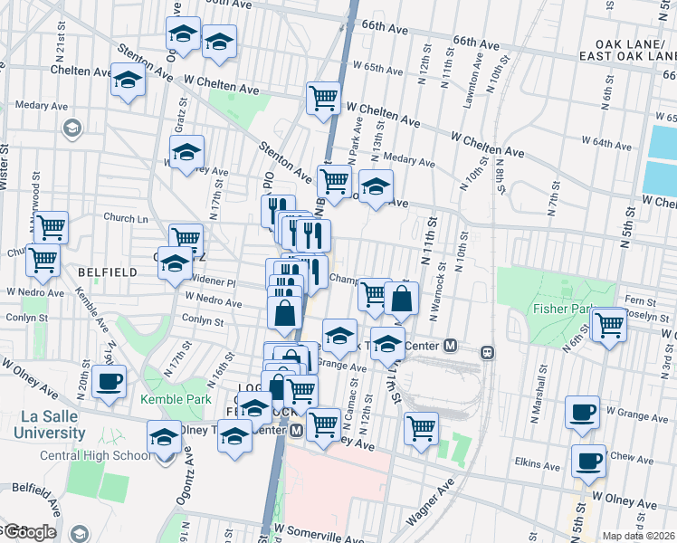 map of restaurants, bars, coffee shops, grocery stores, and more near 5942 North Park Avenue in Philadelphia