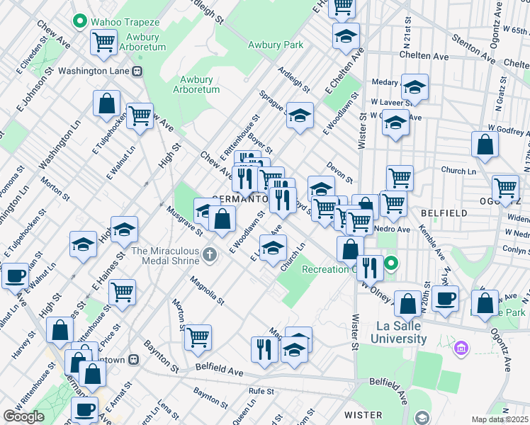 map of restaurants, bars, coffee shops, grocery stores, and more near 752 East Woodlawn Street in Philadelphia