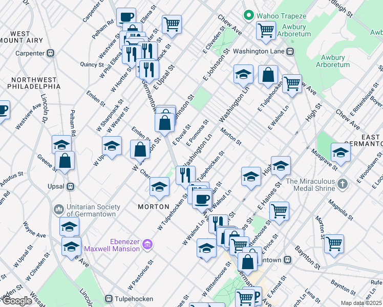 map of restaurants, bars, coffee shops, grocery stores, and more near 6302 Baynton Street in Philadelphia