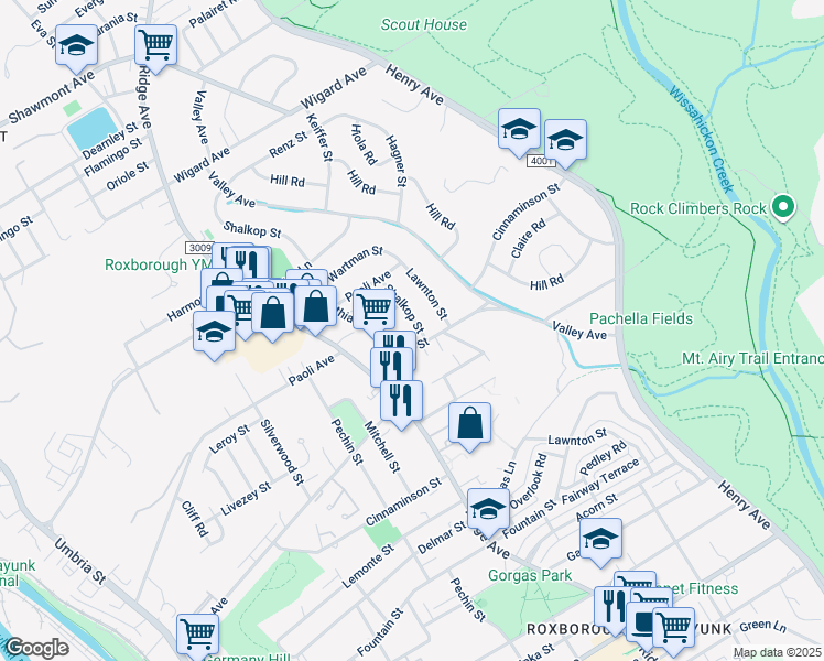 map of restaurants, bars, coffee shops, grocery stores, and more near 6902 Shalkop Street in Philadelphia