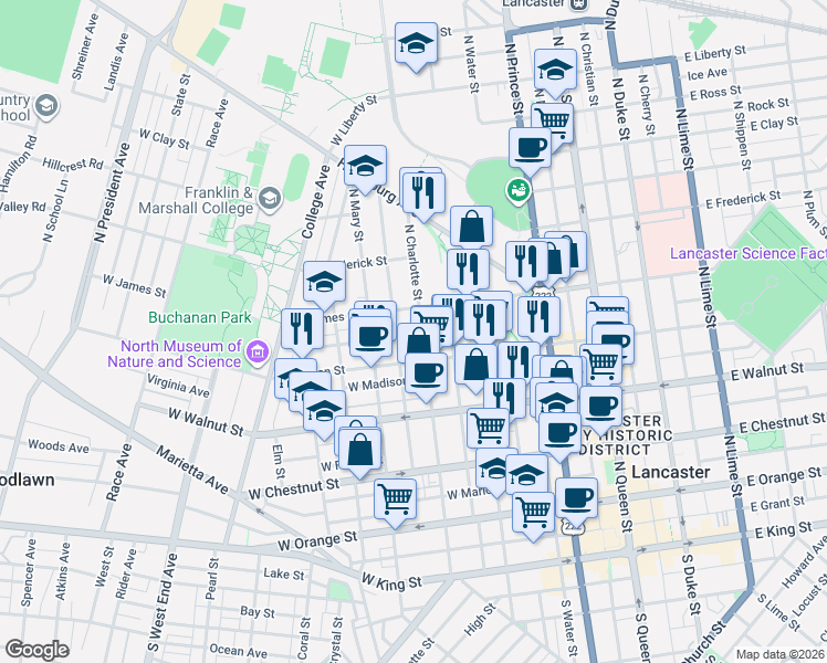 map of restaurants, bars, coffee shops, grocery stores, and more near 351 North Charlotte Street in Lancaster