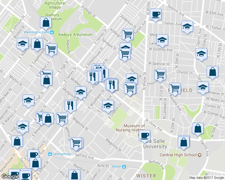 map of restaurants, bars, coffee shops, grocery stores, and more near 5605 Chew Avenue in Philadelphia