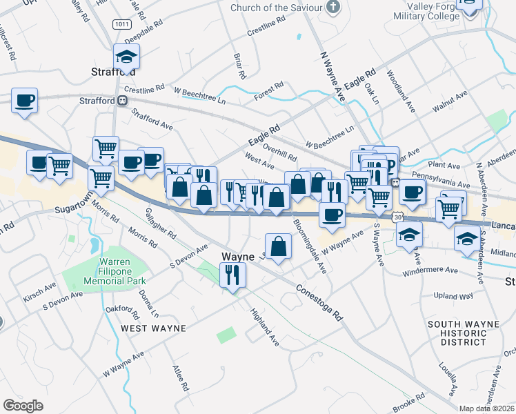 map of restaurants, bars, coffee shops, grocery stores, and more near 330 Lancaster Avenue in Wayne