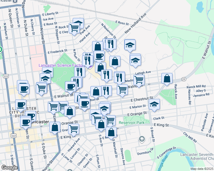 map of restaurants, bars, coffee shops, grocery stores, and more near 315 North Marshall Street in Lancaster