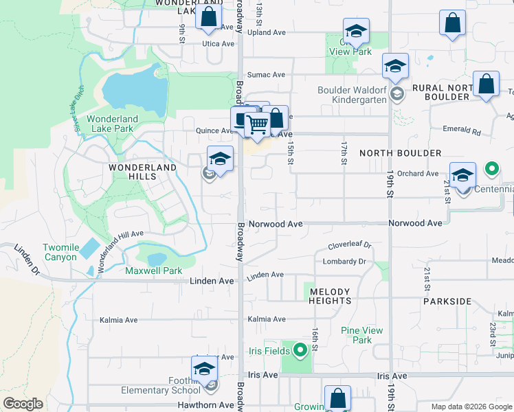 map of restaurants, bars, coffee shops, grocery stores, and more near 1365 Norwood Avenue in Boulder