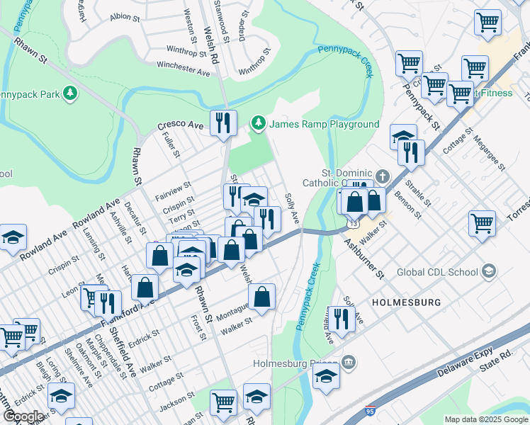 map of restaurants, bars, coffee shops, grocery stores, and more near 8209 Craig Street in Philadelphia