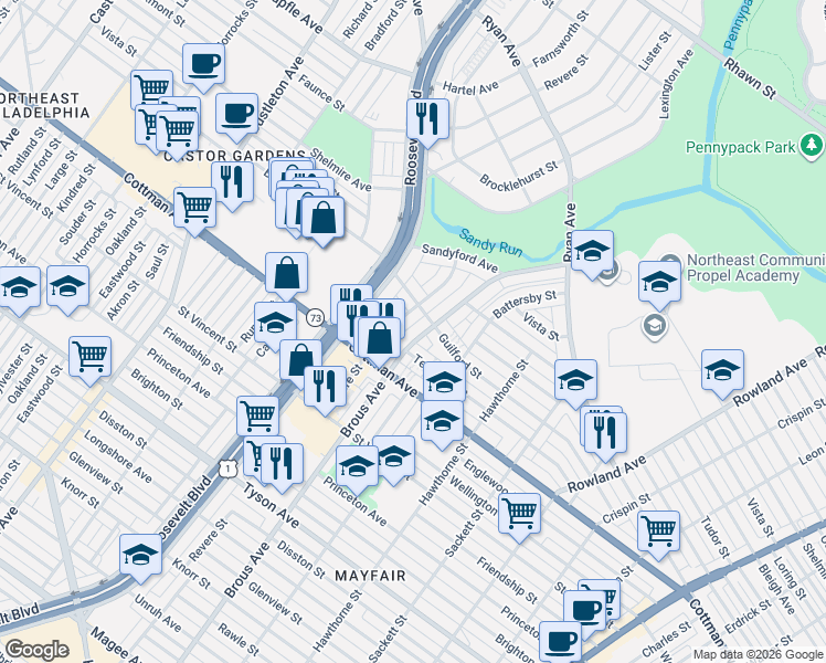 map of restaurants, bars, coffee shops, grocery stores, and more near 2905 Teesdale Street in Philadelphia