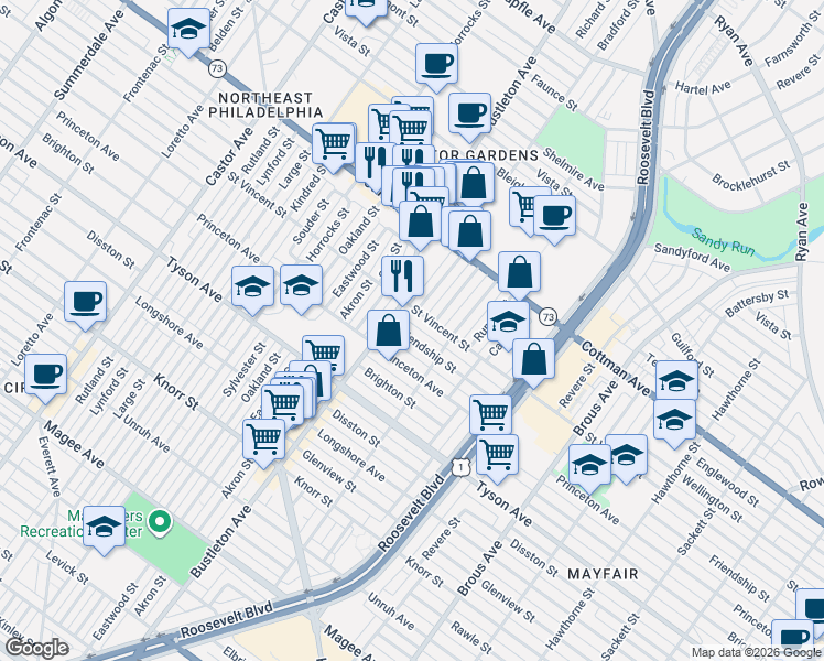 map of restaurants, bars, coffee shops, grocery stores, and more near 2146 Friendship Street in Philadelphia