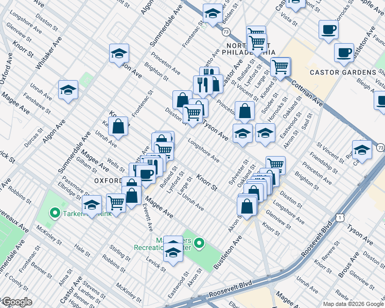 map of restaurants, bars, coffee shops, grocery stores, and more near 6820 Large Street in Philadelphia