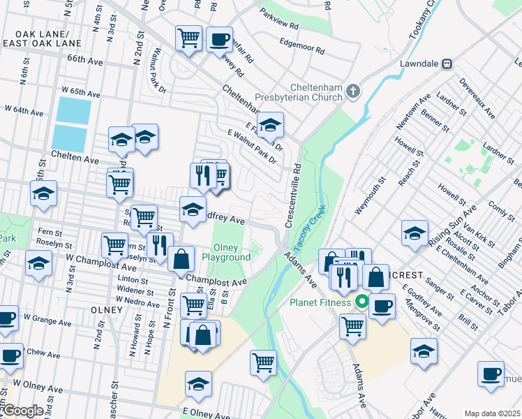 map of restaurants, bars, coffee shops, grocery stores, and more near 6130 Crescentville Road in Philadelphia