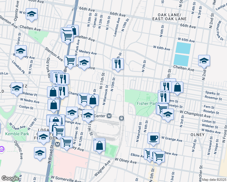 map of restaurants, bars, coffee shops, grocery stores, and more near 6017 North 10th Street in Philadelphia