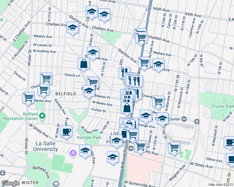 map of restaurants, bars, coffee shops, grocery stores, and more near 1501 Widener Place in Philadelphia