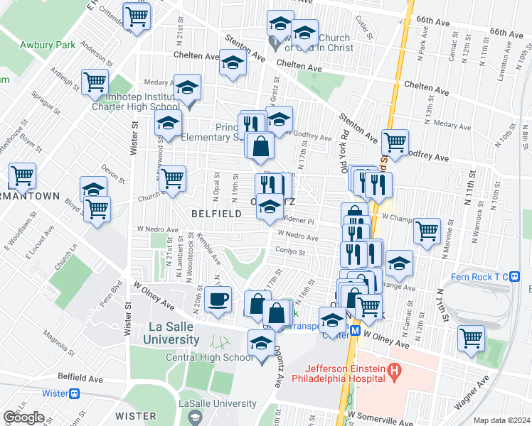 map of restaurants, bars, coffee shops, grocery stores, and more near 5900 Ogontz Avenue in Philadelphia