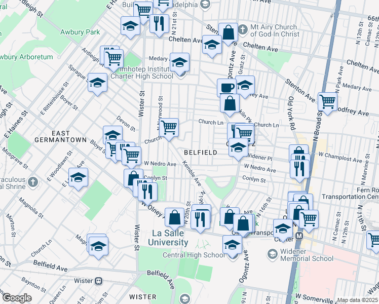 map of restaurants, bars, coffee shops, grocery stores, and more near 5906 Kemble Avenue in Philadelphia