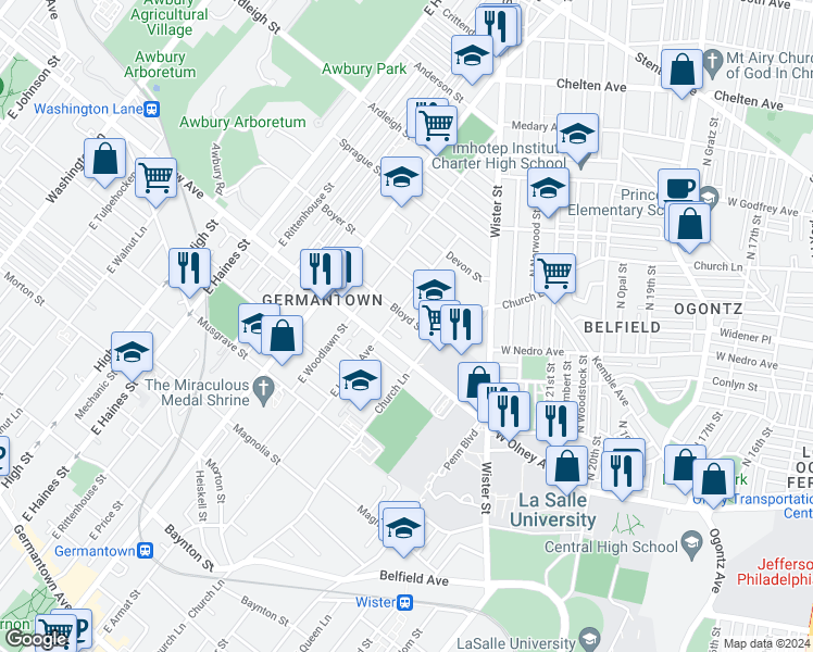 map of restaurants, bars, coffee shops, grocery stores, and more near 5533 Crowson Street in Philadelphia