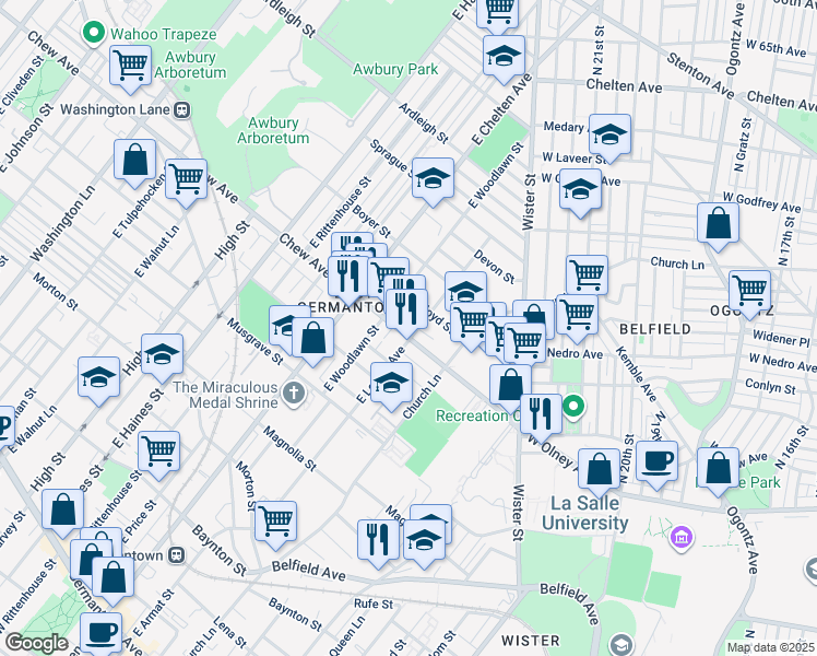 map of restaurants, bars, coffee shops, grocery stores, and more near 5605 Chew Avenue in Philadelphia