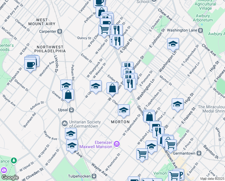 map of restaurants, bars, coffee shops, grocery stores, and more near 77 West Johnson Street in Philadelphia