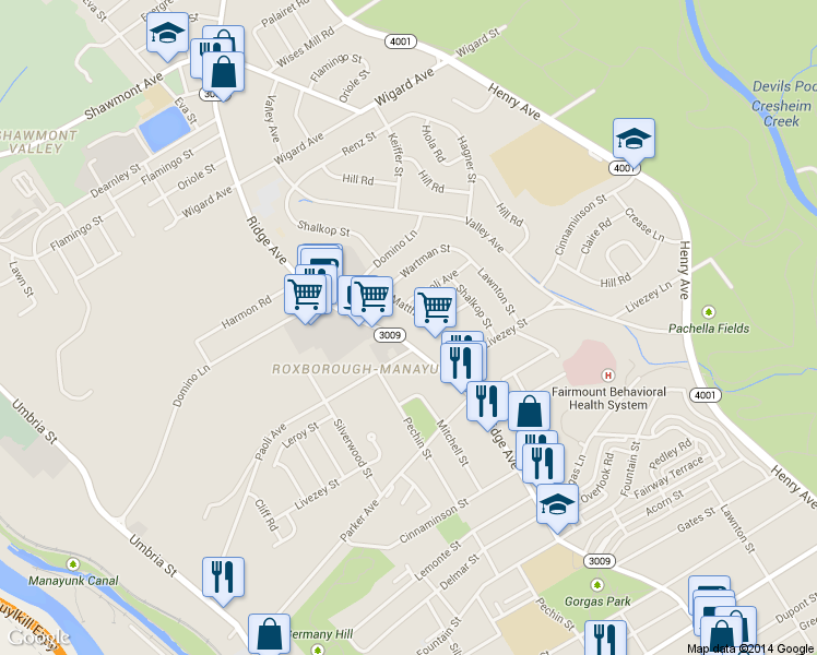 map of restaurants, bars, coffee shops, grocery stores, and more near 6901 Ridge Avenue in Philadelphia